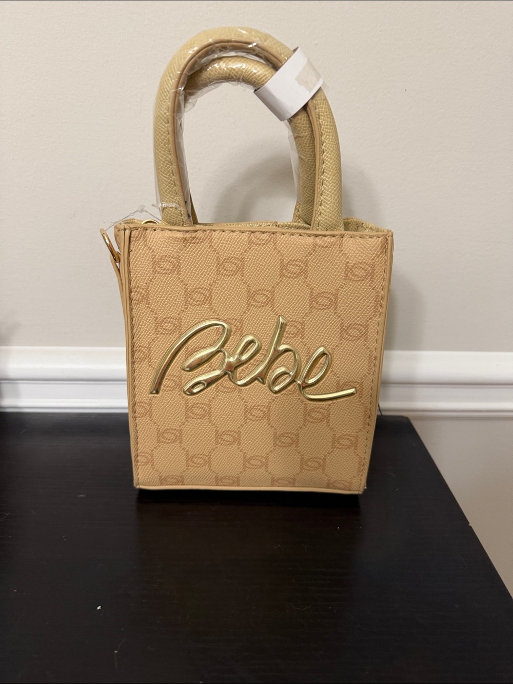 bebe Beige Mini Logo Tote with Gold Script